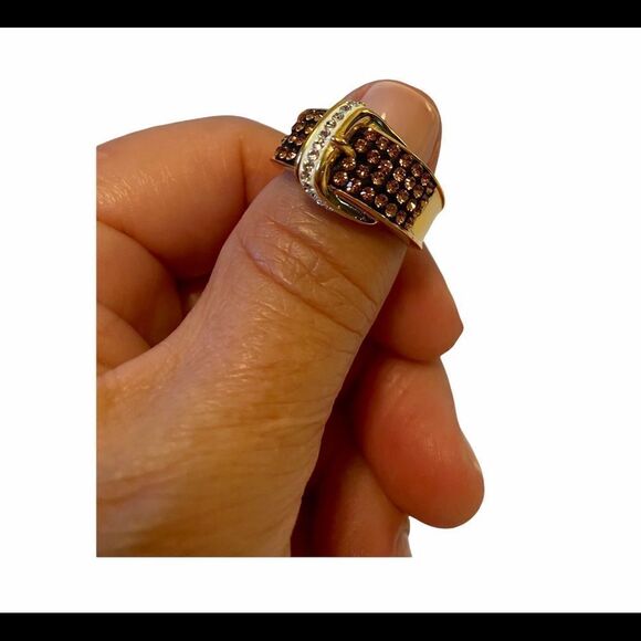 Brown & White Pave Crystal Buckle Ring Sz. 7 - Picture 4 of 5
